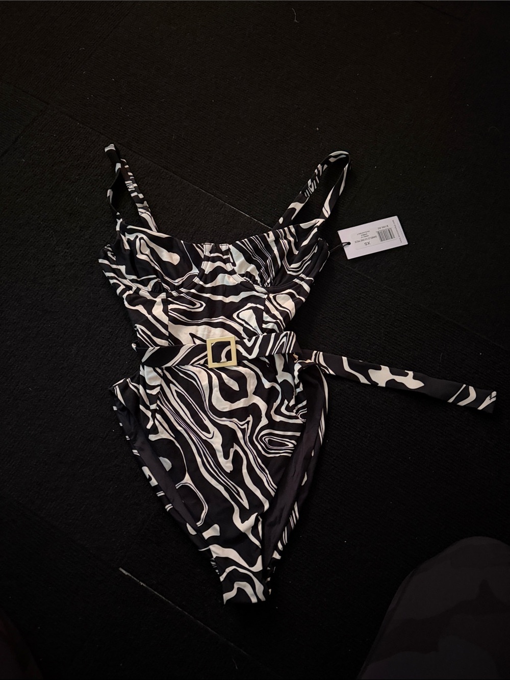Black & White Swirl One-Piece Swimsuit with Belt